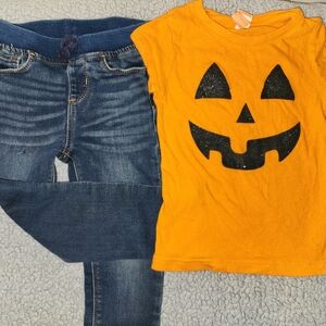Orange Pumpkin Face Shirt and Blue Jeans Set